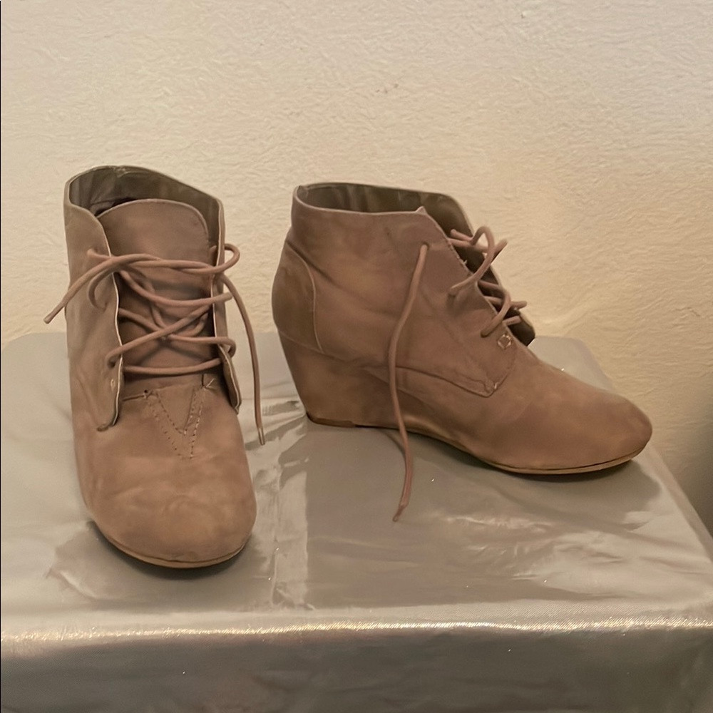 Tan Suede Wedge Ankle Shoes with Lace-Up Design
